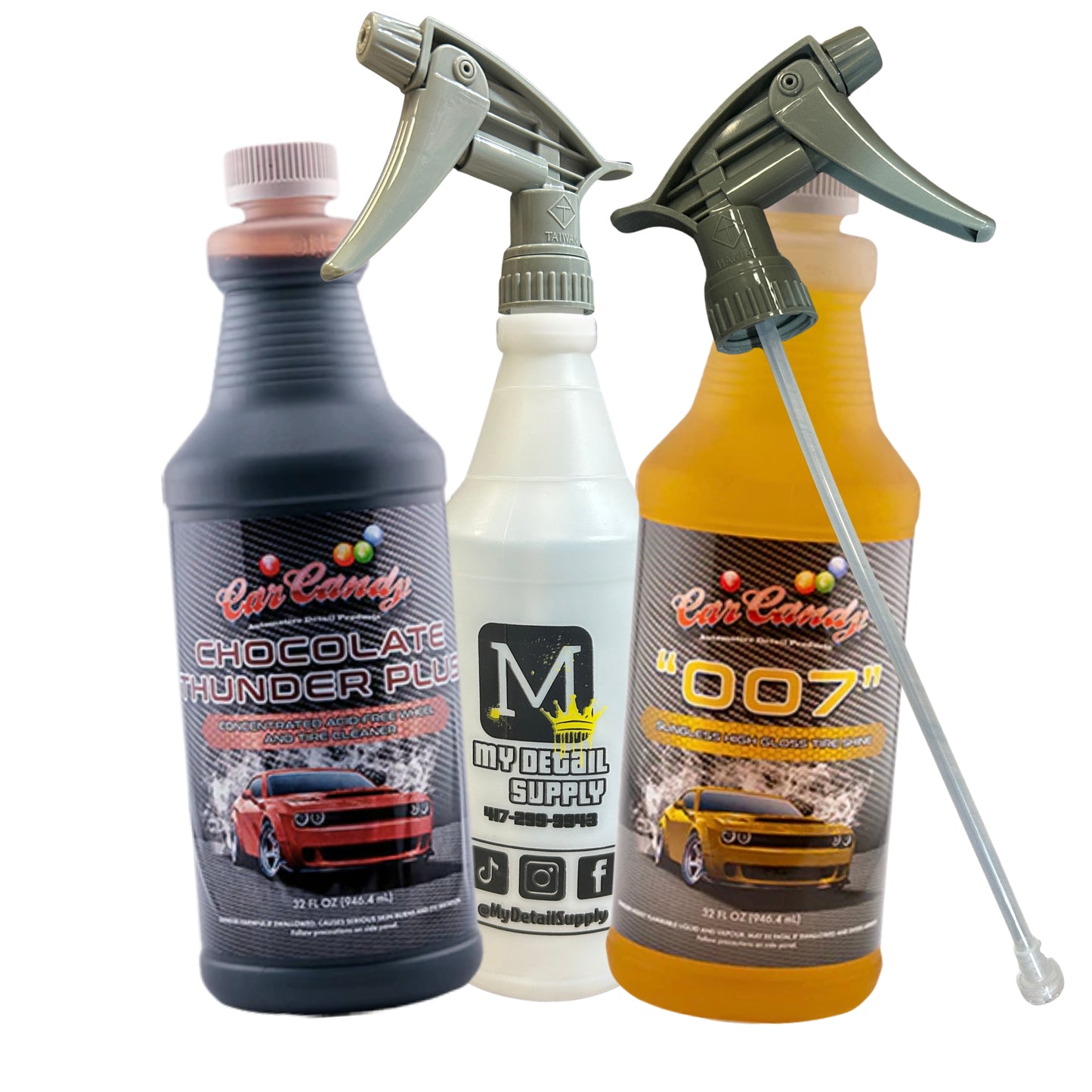 Car Candy Professional Wheel & Tire Clean + Care System – Chocolate Thunder Cleaner + 007 Slingless Tire Dressing + Dilution & Sprayer Bundle