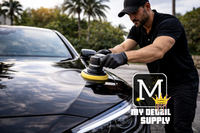 Person using a car polisher on a black car with 'My Detail Supply' logo.